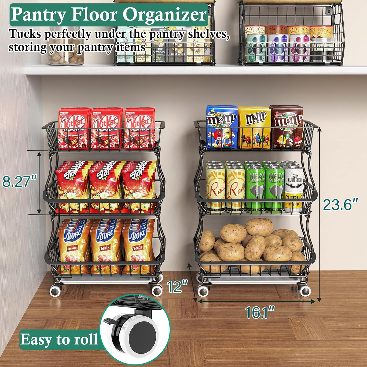 3-Tier Rolling Pantry Floor Organizer and Storage Cart with Wheels, Stackable Wire Pantry Baskets for Pantry Shelves, Kitchen Fruit Basket Stand and Storage Rack for Fruit Snack Onion Potato - Image 2