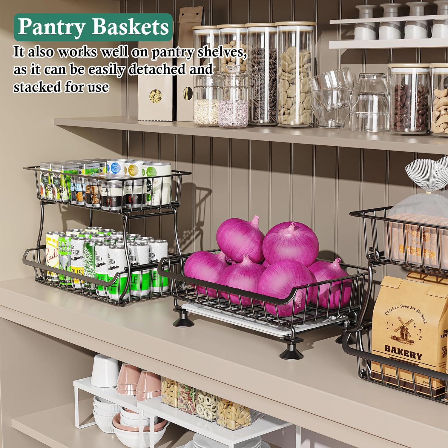 3-Tier Rolling Pantry Floor Organizer and Storage Cart with Wheels, Stackable Wire Pantry Baskets for Pantry Shelves, Kitchen Fruit Basket Stand and Storage Rack for Fruit Snack Onion Potato - Image 3