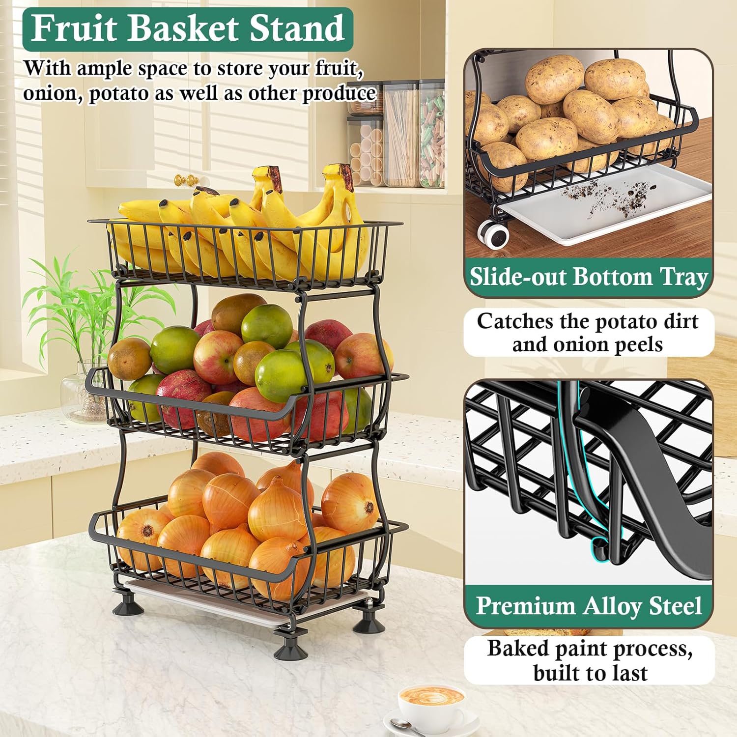 3-Tier Rolling Pantry Floor Organizer and Storage Cart with Wheels, Stackable Wire Pantry Baskets for Pantry Shelves, Kitchen Fruit Basket Stand and Storage Rack for Fruit Snack Onion Potato - Image 4