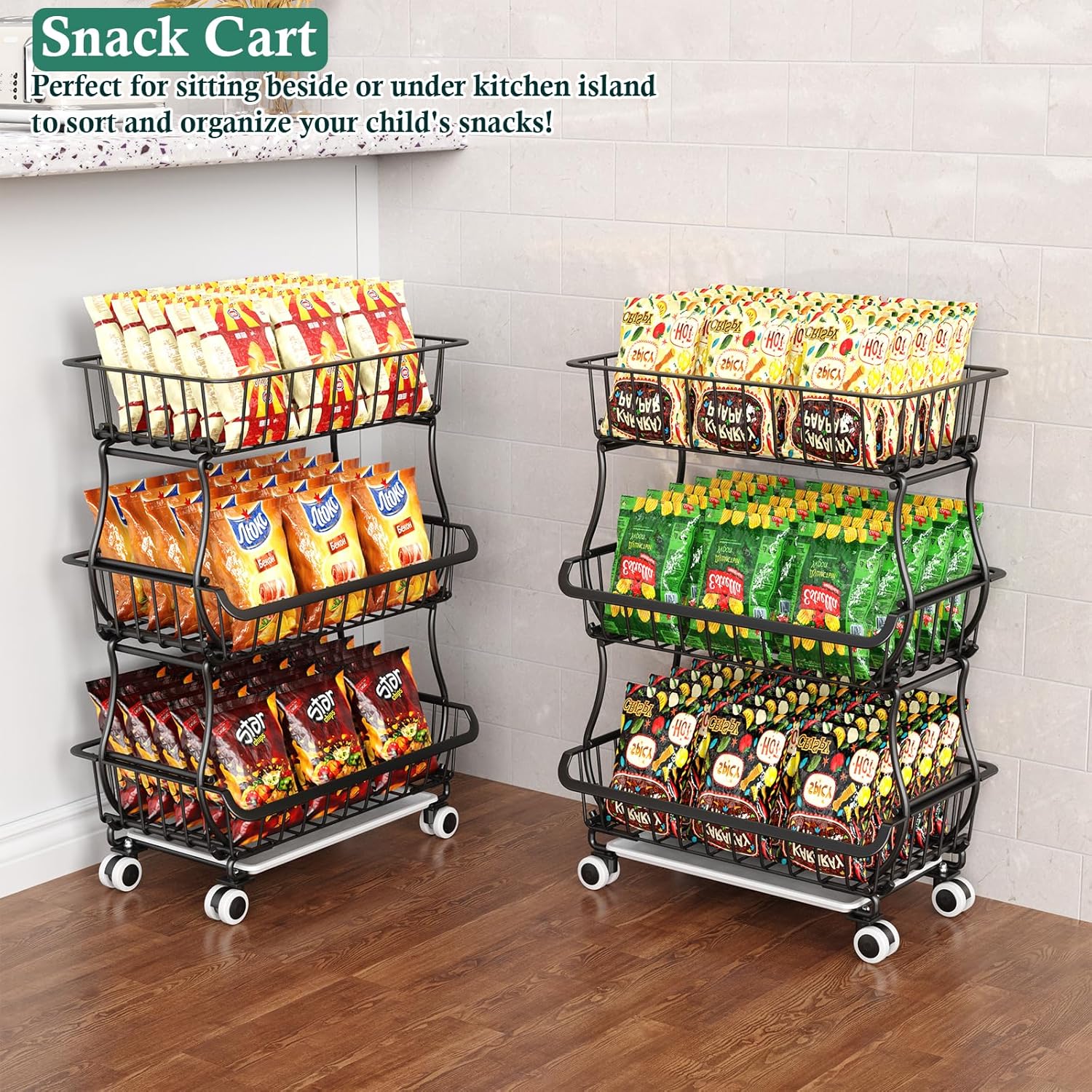 3-Tier Rolling Pantry Floor Organizer and Storage Cart with Wheels, Stackable Wire Pantry Baskets for Pantry Shelves, Kitchen Fruit Basket Stand and Storage Rack for Fruit Snack Onion Potato - Image 5