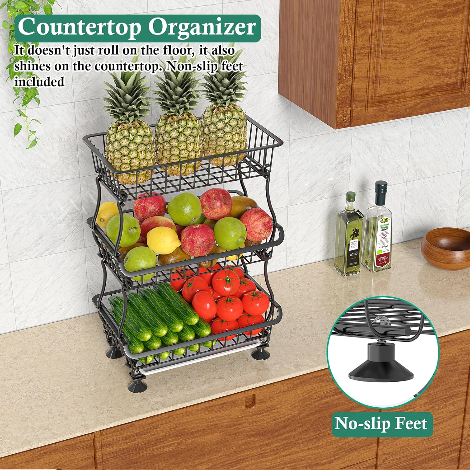 3-Tier Rolling Pantry Floor Organizer and Storage Cart with Wheels, Stackable Wire Pantry Baskets for Pantry Shelves, Kitchen Fruit Basket Stand and Storage Rack for Fruit Snack Onion Potato - Image 6