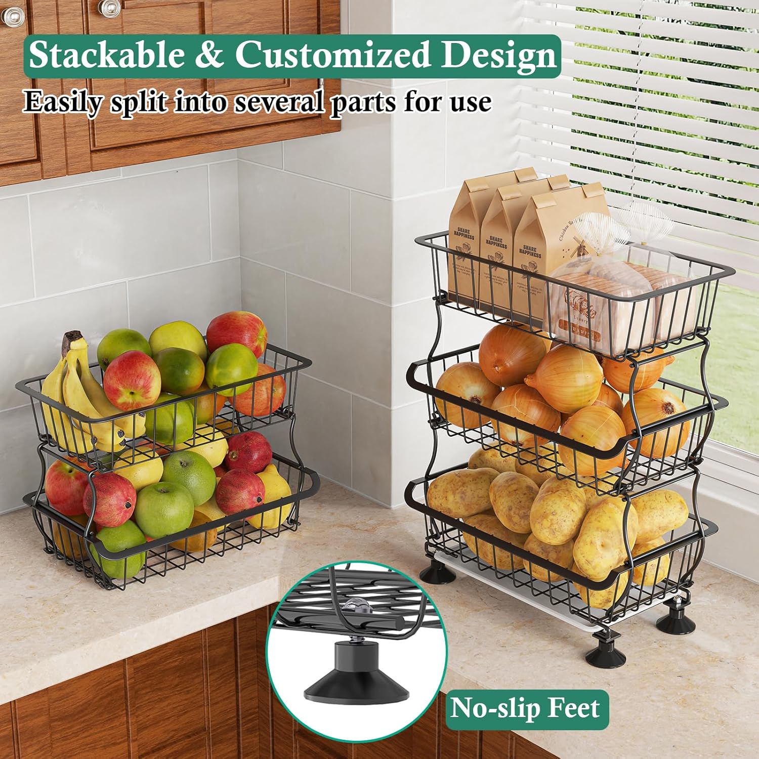 3-Tier Rolling Pantry Floor Organizer and Storage Cart with Wheels, Stackable Wire Pantry Baskets for Pantry Shelves, Kitchen Fruit Basket Stand and Storage Rack for Fruit Snack Onion Potato - Image 7
