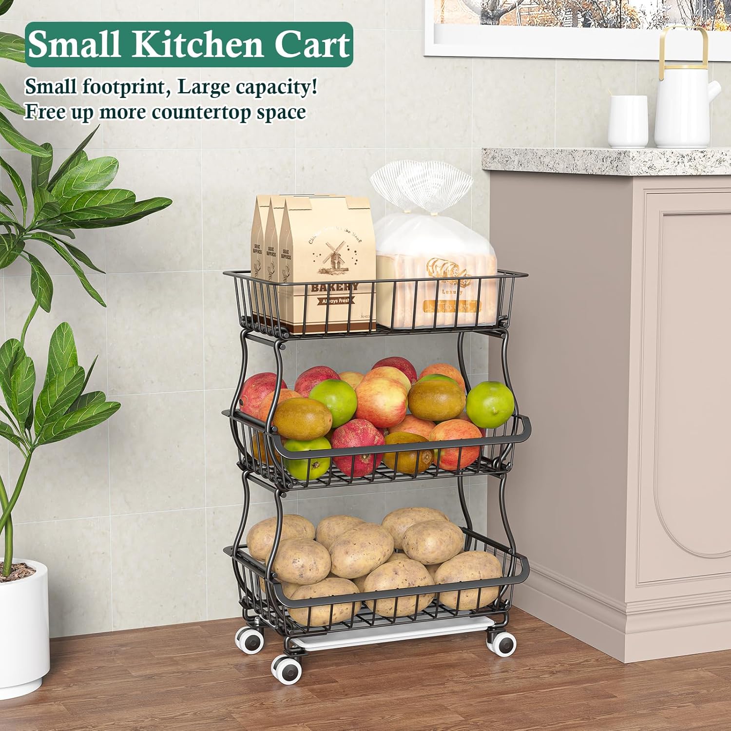 3-Tier Rolling Pantry Floor Organizer and Storage Cart with Wheels, Stackable Wire Pantry Baskets for Pantry Shelves, Kitchen Fruit Basket Stand and Storage Rack for Fruit Snack Onion Potato - Image 8