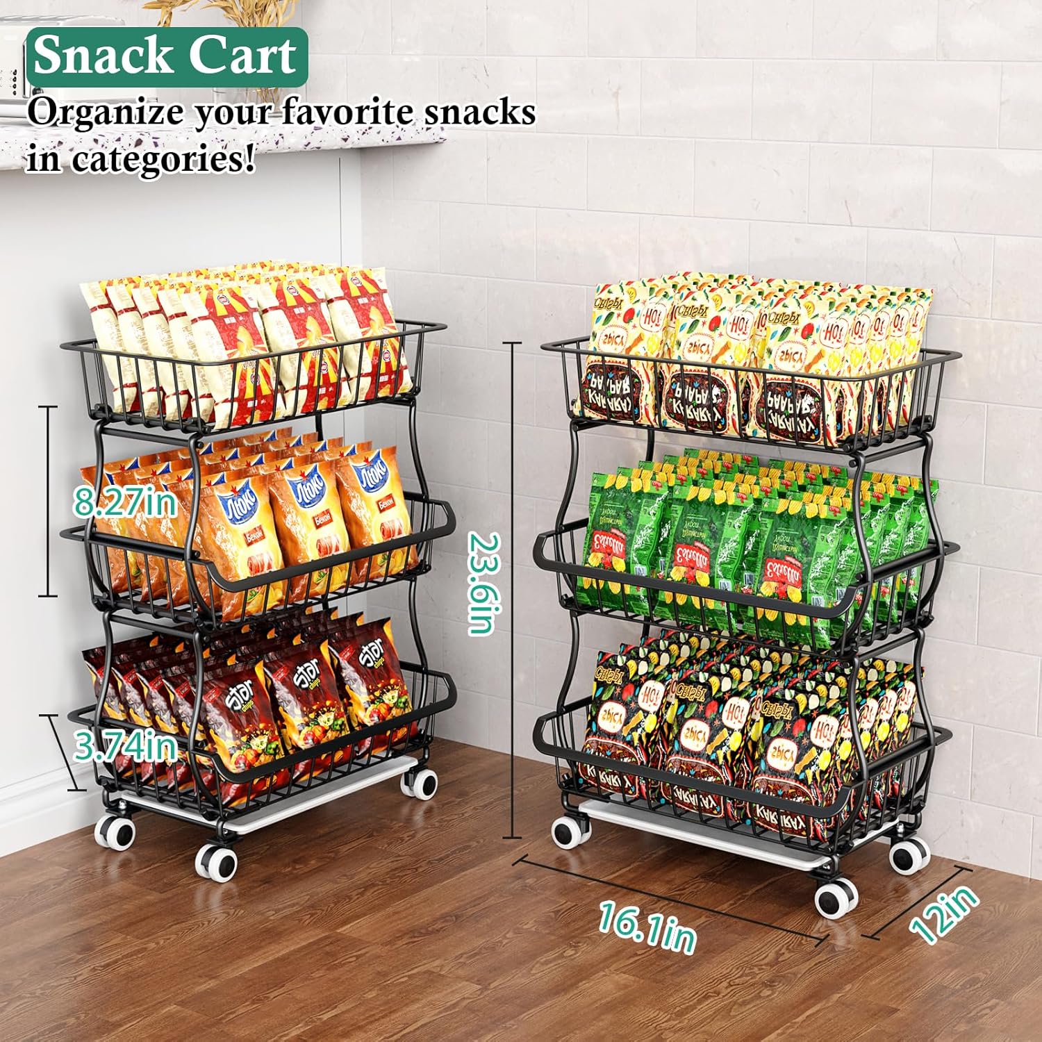 3-Tier Rolling Pantry Floor Organizer and Storage Cart with Wheels, Stackable Wire Pantry Baskets for Pantry Shelves, Kitchen Fruit Basket Stand and Storage Rack for Fruit Snack Onion Potato - Image 9