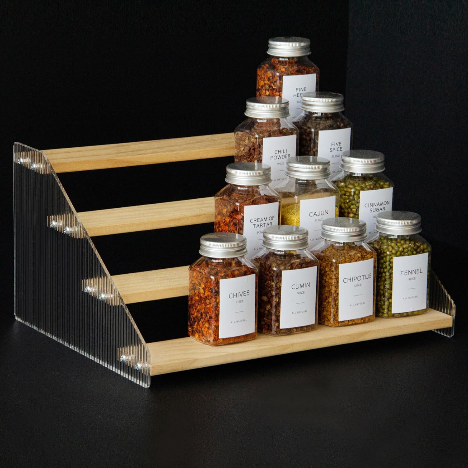 nianfeng Tiered Spice Rack, 4-Tier Spice Pantry Kitchen Cabinet Organizer, 12-Inch, Natural Wood Acrylic Stair Riser Stand, Countertop Seasoning Shelf