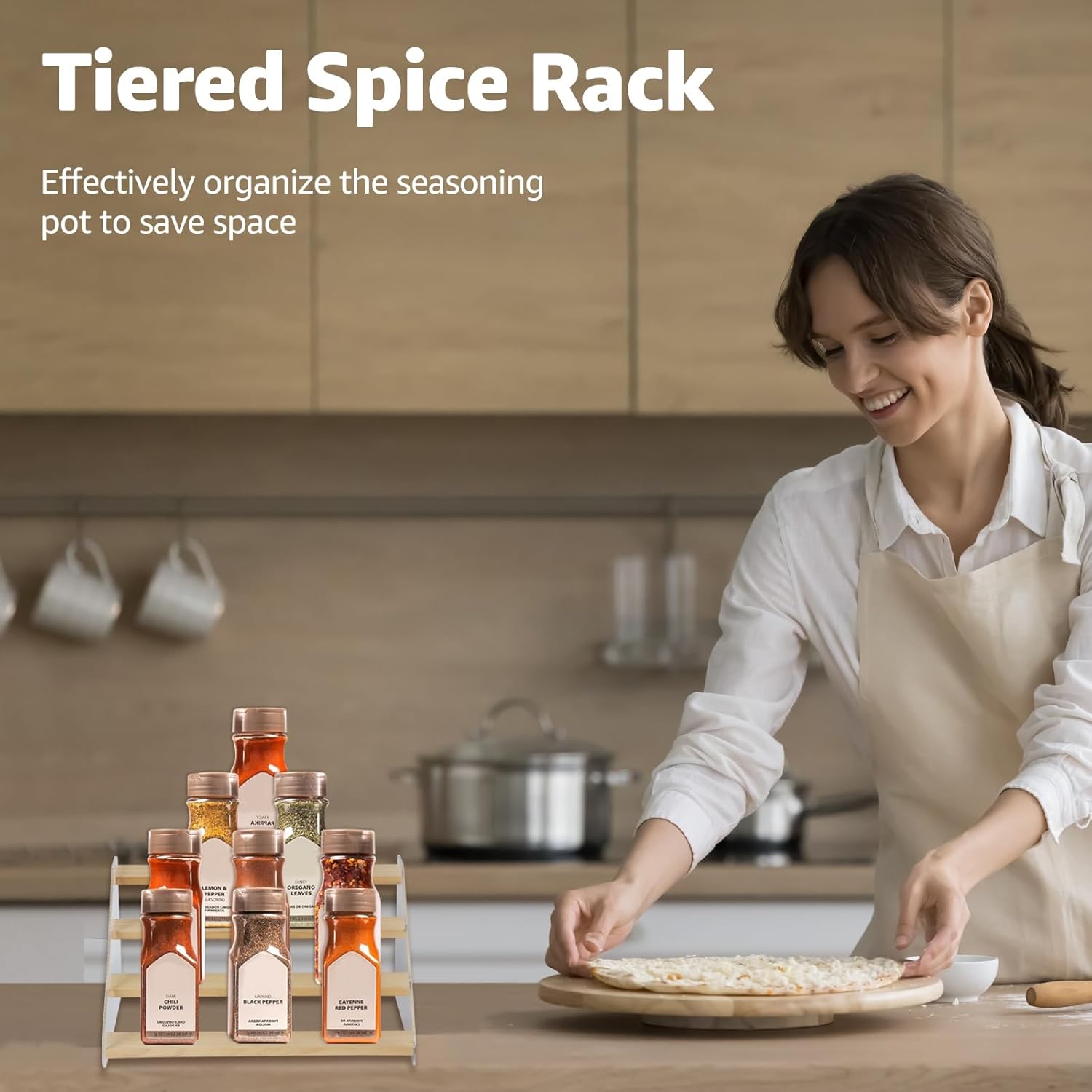 nianfeng Tiered Spice Rack, 4-Tier Spice Pantry Kitchen Cabinet Organizer, 12-Inch, Natural Wood Acrylic Stair Riser Stand, Countertop Seasoning Shelf - Image 3