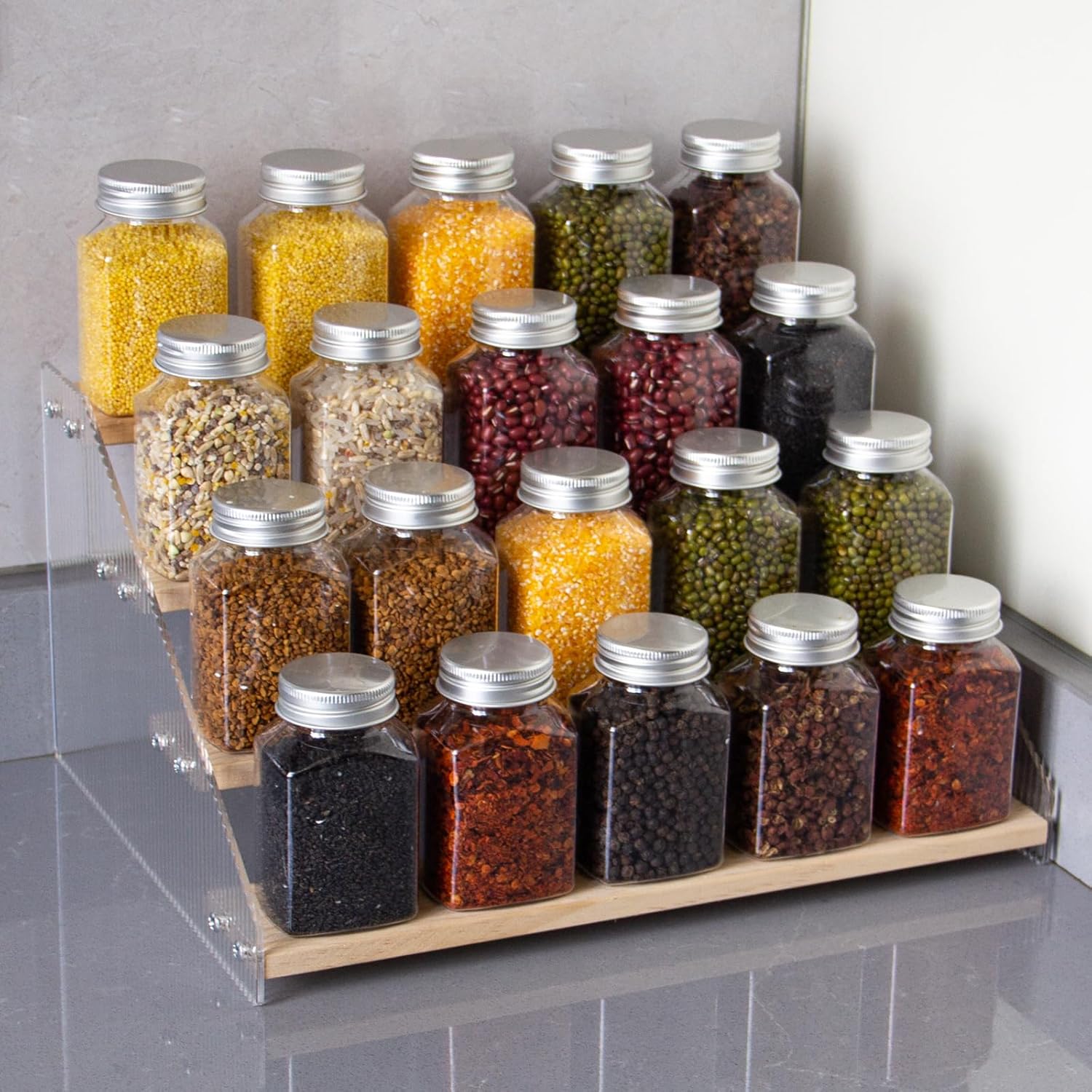 nianfeng Tiered Spice Rack, 4-Tier Spice Pantry Kitchen Cabinet Organizer, 12-Inch, Natural Wood Acrylic Stair Riser Stand, Countertop Seasoning Shelf - Image 7