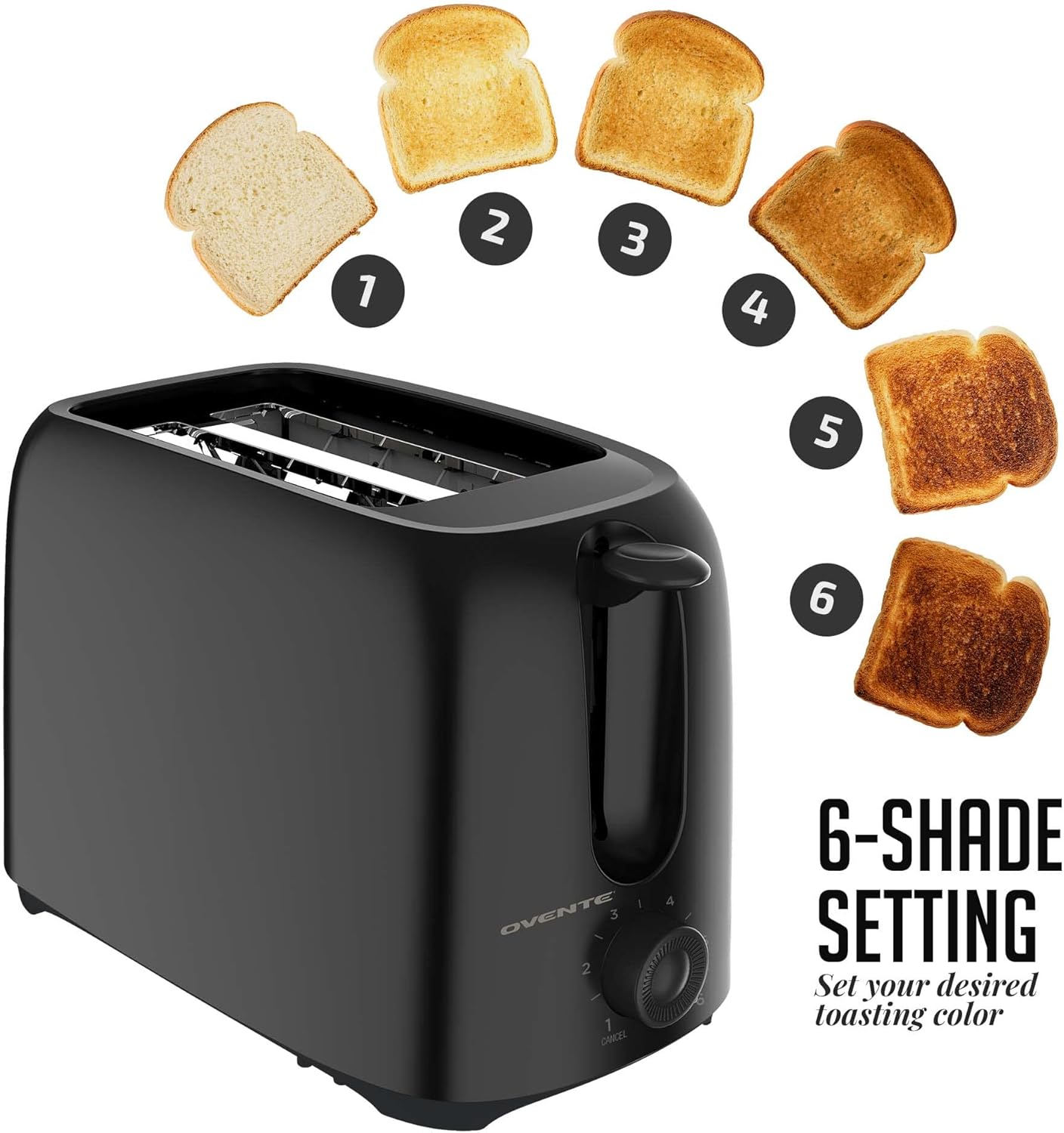 OVENTE Electric 2 Slice Toaster Machine with 6-Shade Browning Selector Setting, Compact Design and Removable Crumb Tray, 700W Power Perfect for Toasting Bread, Thin Bagels and Waffles, Black TP2210B - Image 2
