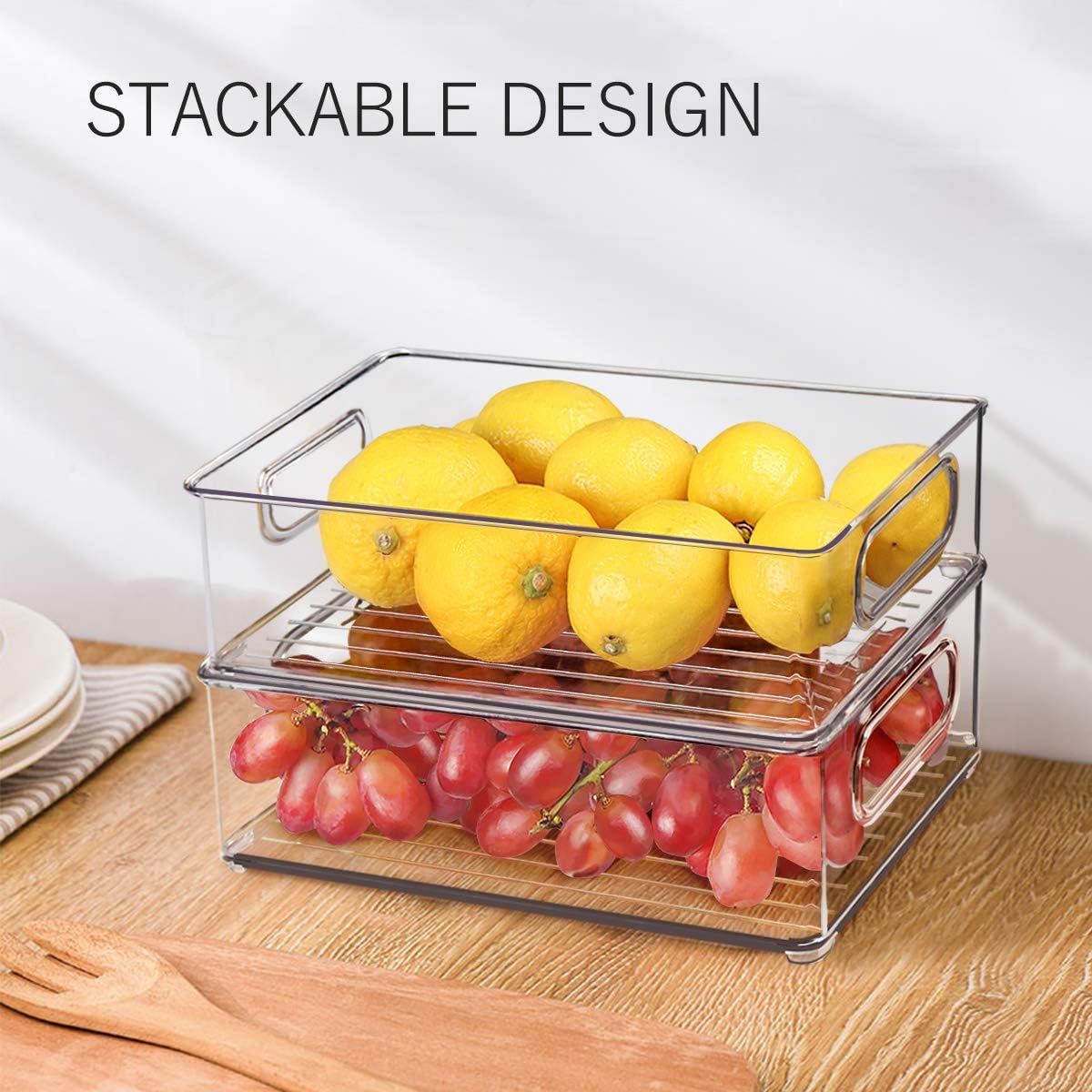 Stackable Refrigerator Organizer Bins, 6 Pack Clear Kitchen Organizer Container Bins with Handles and 20 PCS Plastic Bags for Pantry, Cabinets, Shelves, Drawer, Freezer - Food Safe, BPA Free 10"L - Image 2