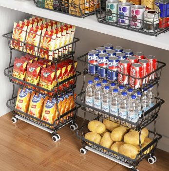 3-Tier Rolling Pantry Floor Organizer and Storage Cart with Wheels, Stackable Wire Pantry Baskets for Pantry Shelves, Kitchen Fruit Basket Stand and Storage Rack for Fruit Snack Onion Potato