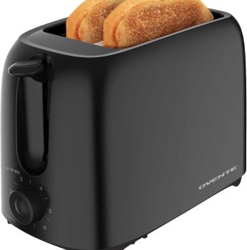 OVENTE Electric 2 Slice Toaster Machine with 6-Shade Browning Selector Setting, Compact Design and Removable Crumb Tray, 700W Power Perfect for Toasting Bread, Thin Bagels and Waffles, Black TP2210B